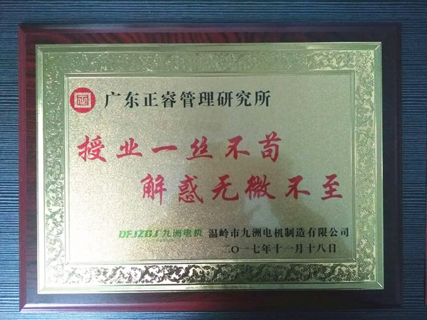 溫嶺市九洲電機制造有限公司贈與廣州正睿授業(yè)一絲不茍與，解惑無微不至牌匾